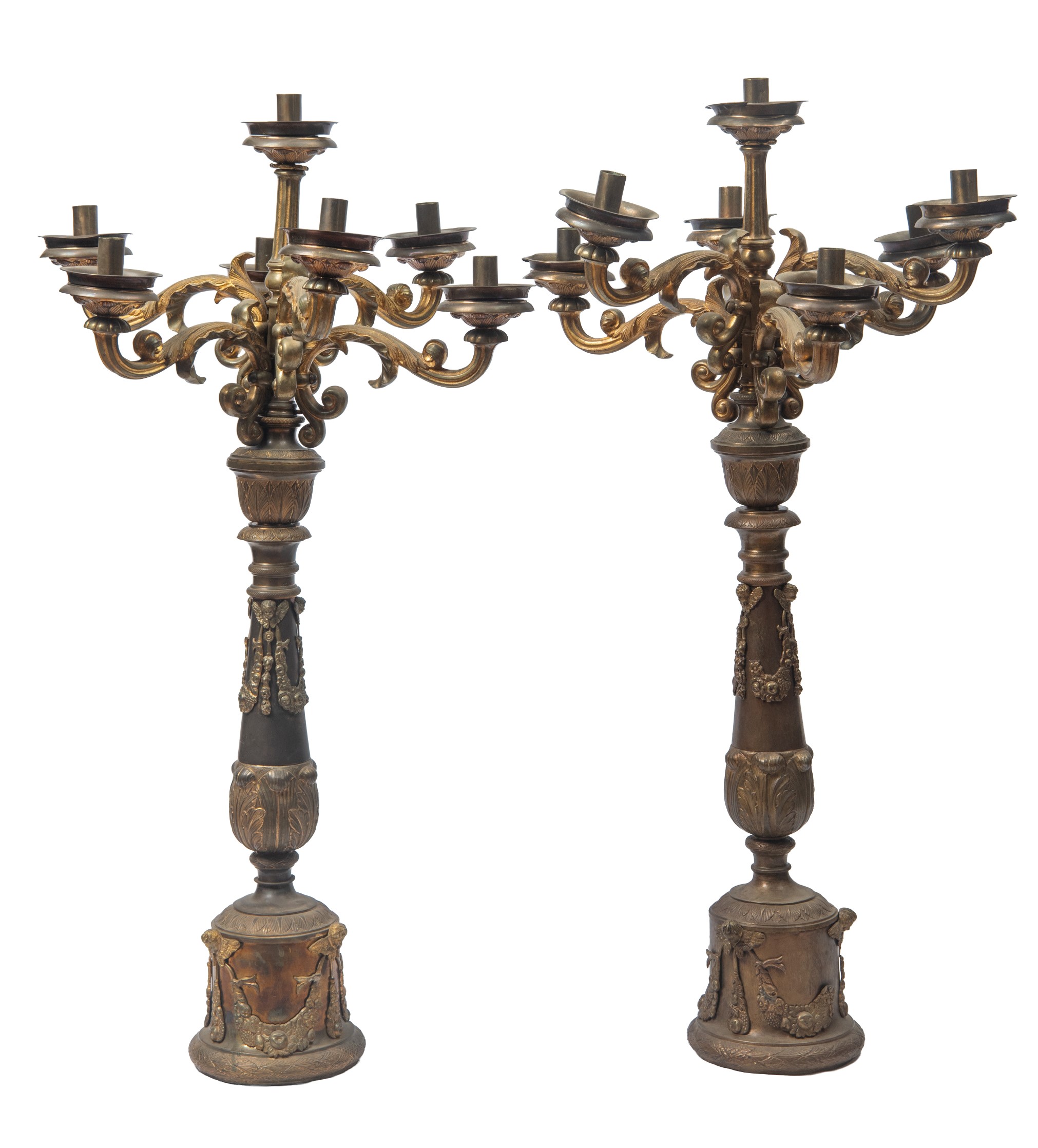 Italia, Coppia di candelabri a sette luci, bronzo, prima metà XIX secolo