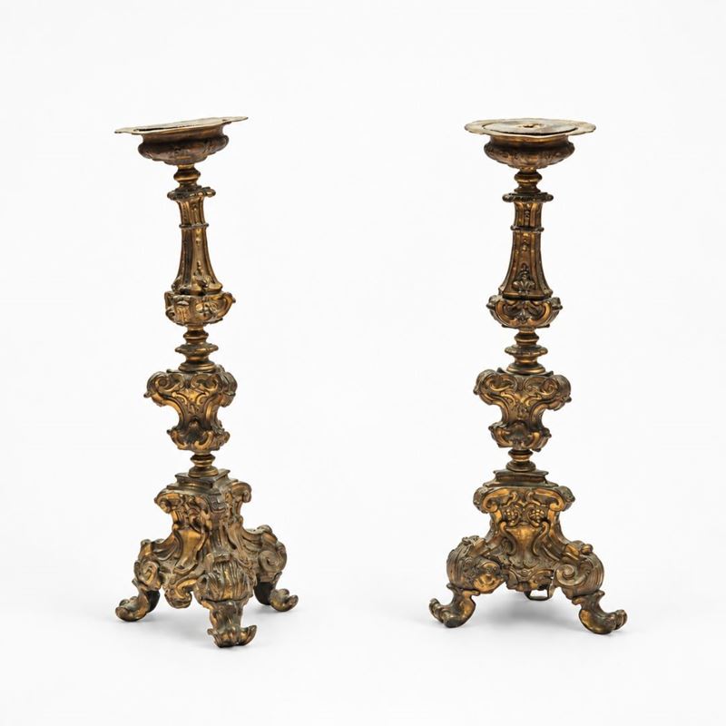 Coppia di candelabri, bronzo dorato, Roma, prima metà XVIII secolo