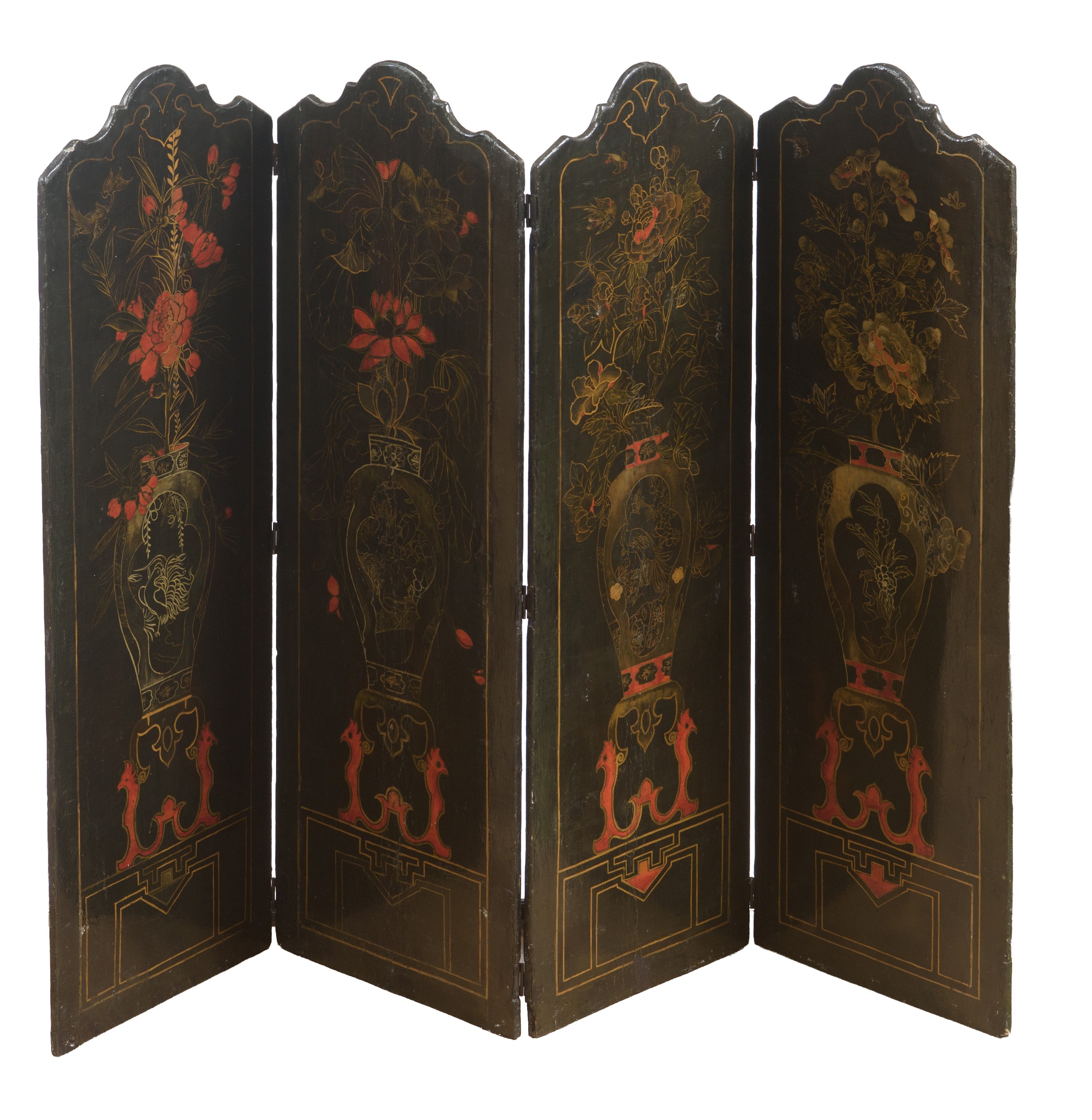 Cina, Paravento a quattro ante in legno laccato con decorazioni a chinoiserie (fine XVIII secolo)