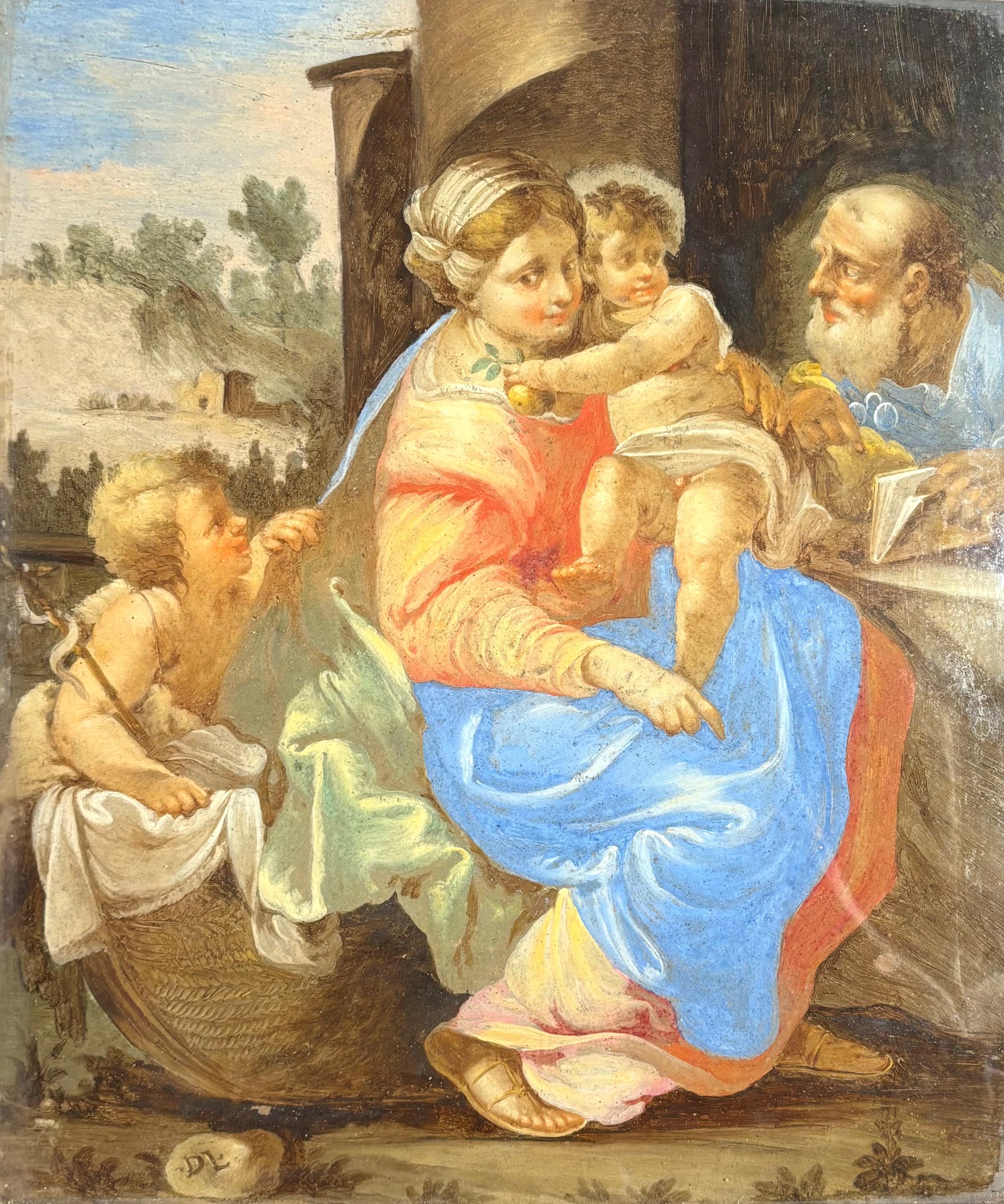 Sacra famiglia con San Giovannino, olio su vetro