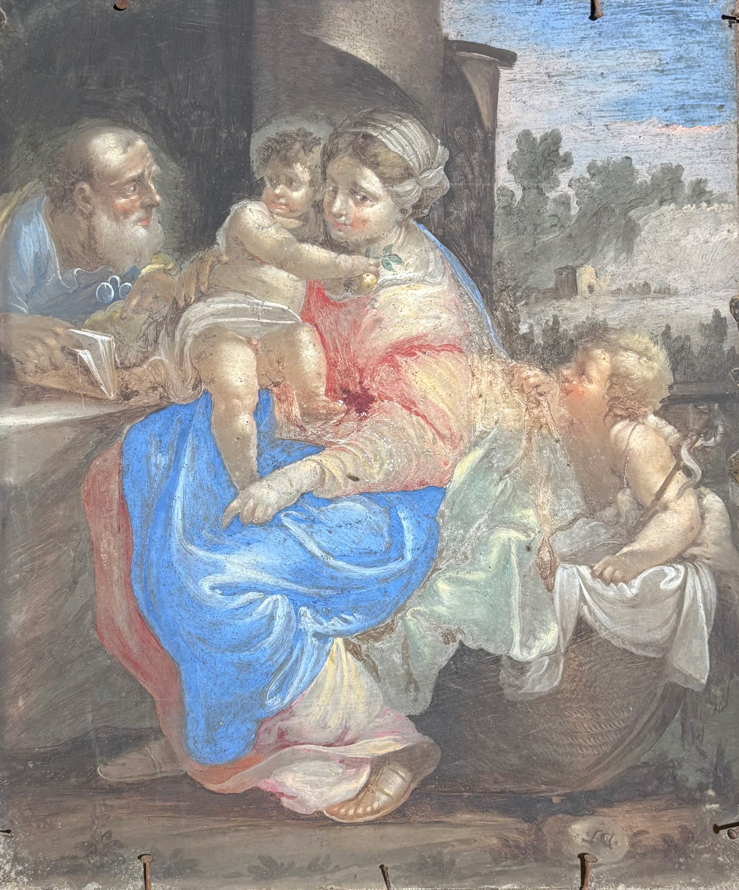Sacra famiglia con San Giovannino, olio su vetro