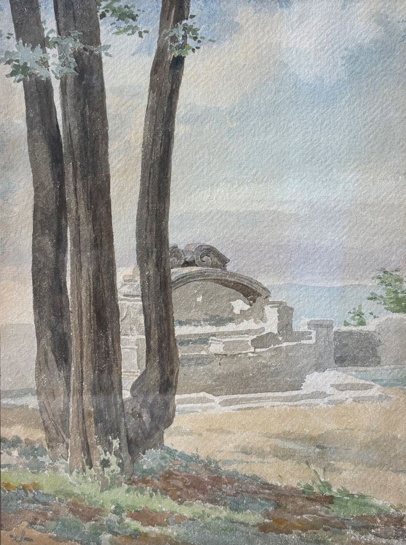 Ettore Ferrari - Campagna romana con fonte, acquerello su carta