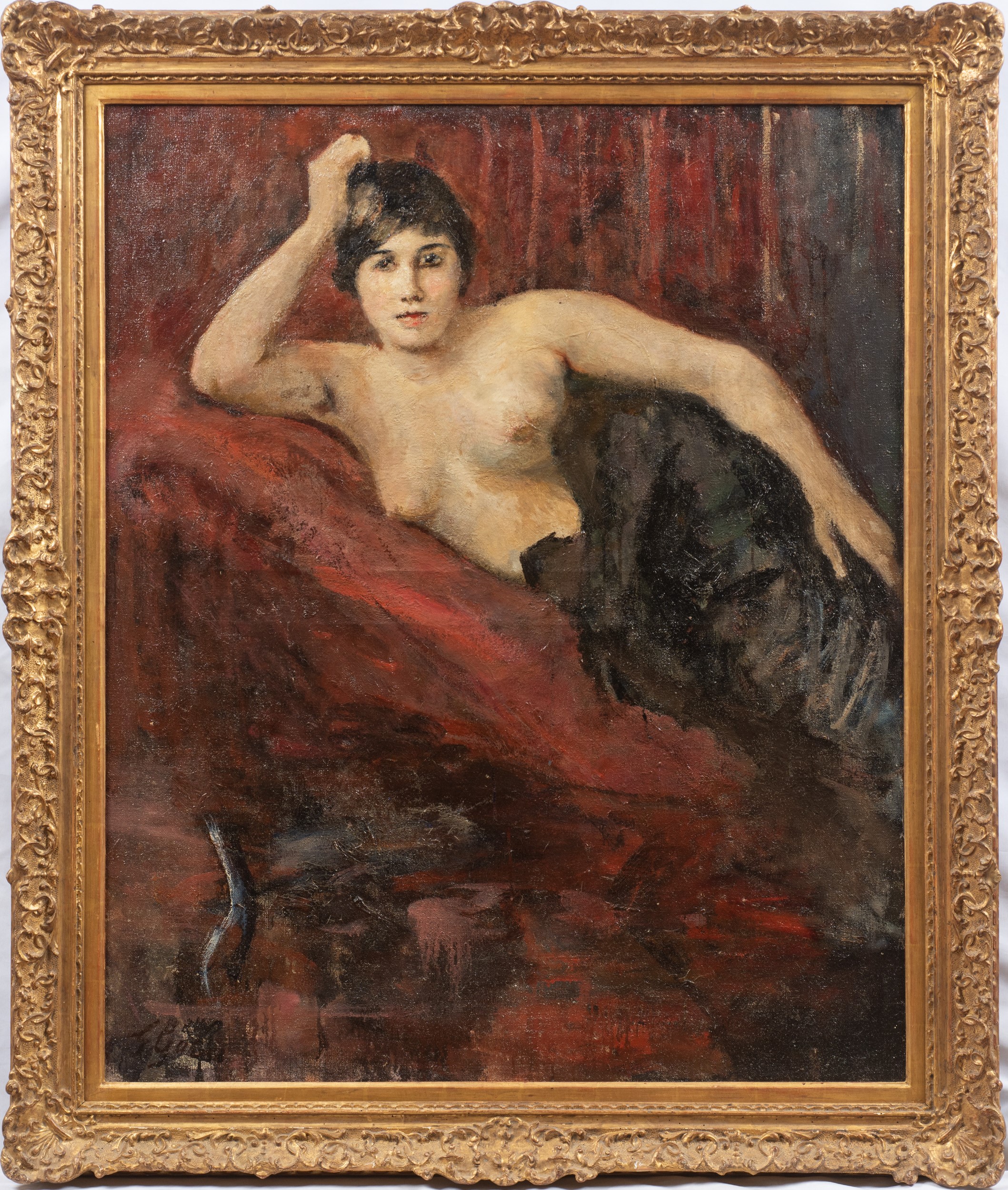 Emilio Gola - Sul divano rosso, olio su tela