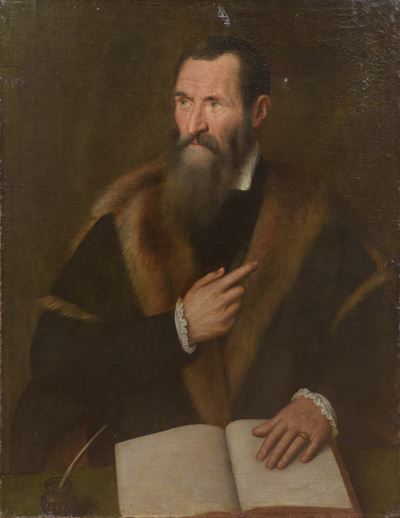 Scuola veneta, Ritratto di gentiluomo con libro e calamaio, olio su tela (XVII secolo)