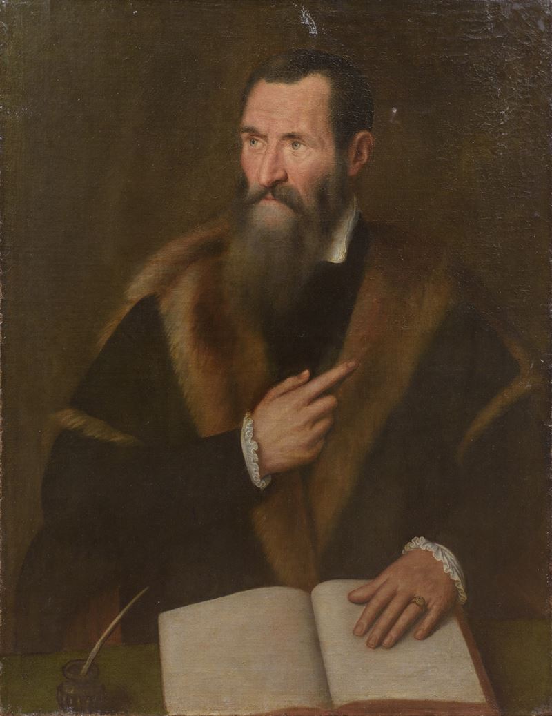Scuola veneta, Ritratto di gentiluomo con libro e calamaio, olio su tela (XVII secolo)