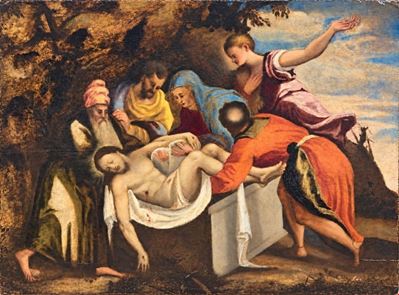 Scuola veneta del XVI secolo, Compianto su Cristo morto, olio su tavola