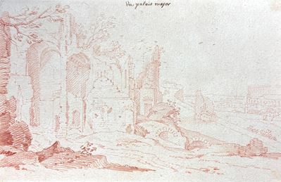 Scuola francese, Veduta delle rovine del Palazzo Maggiore sul Palatino con il Colosseo sullo sfon...