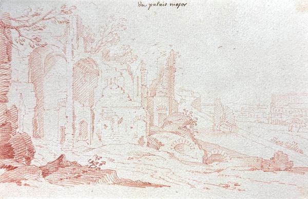 Veduta delle rovine del Palazzo Maggiore sul Palatino con il Colosseo sullo sfondo