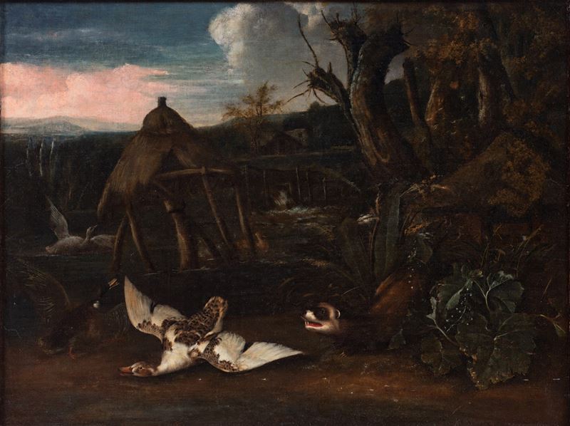 Mathias Calzetti Withoos - Paesaggio con puzzola e volatili, olio su tela
