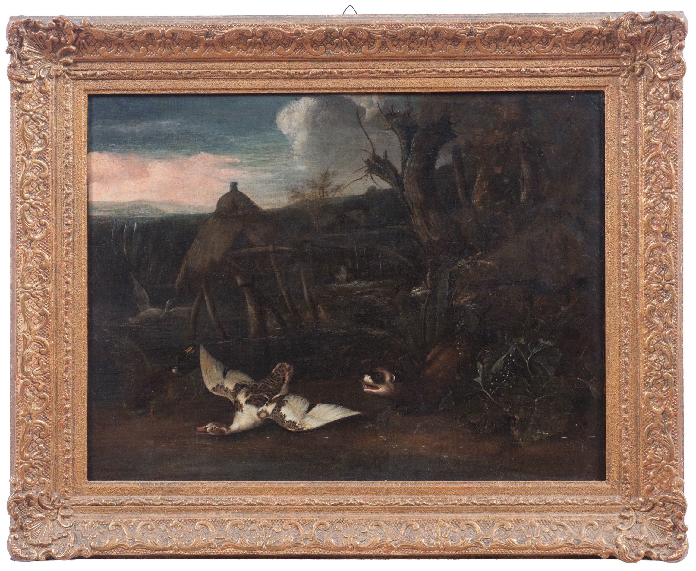 Mathias Calzetti Withoos - Paesaggio con puzzola e volatili, olio su tela