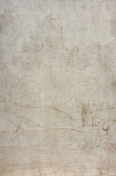 Paesaggio collinare con borgo fortificato e figure, inchiostro bruno su carta