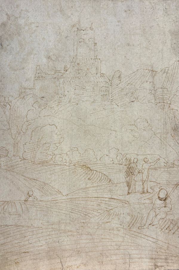 Domenico Zampieri Domenichino - Paesaggio collinare con borgo fortificato e figure
