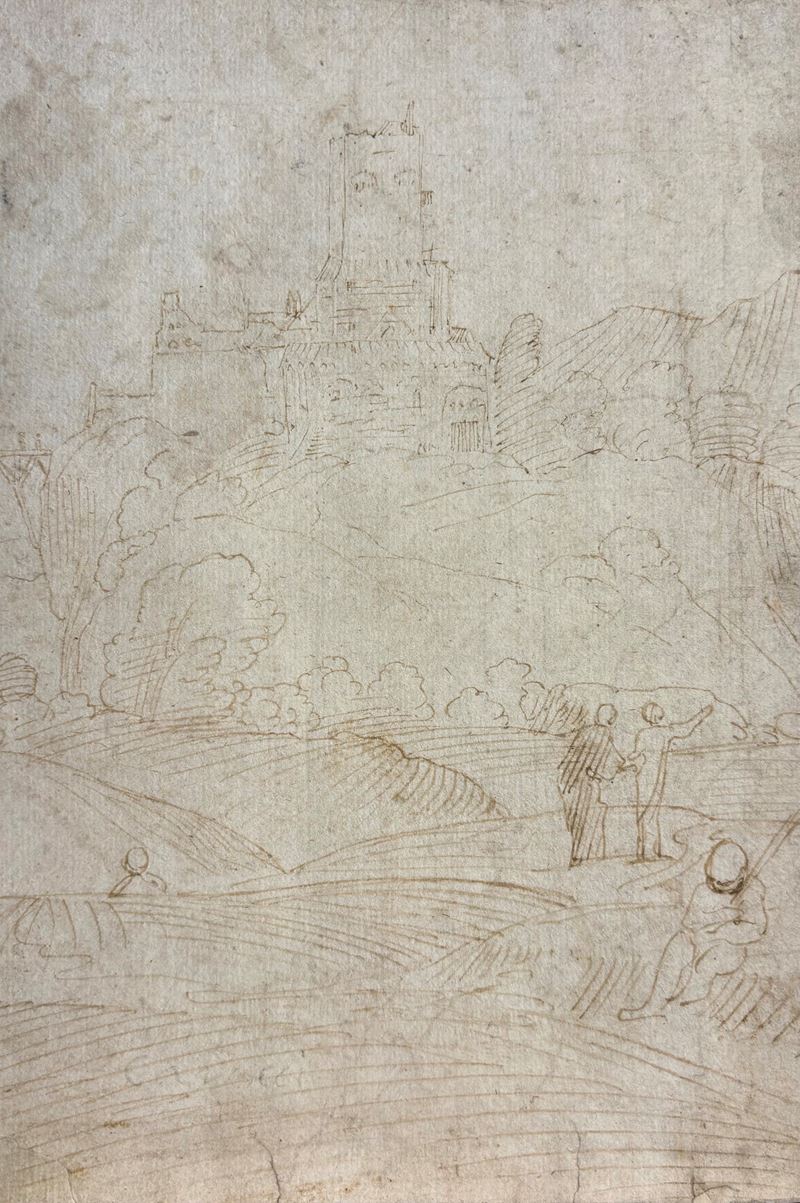 Domenico Zampieri Domenichino - Paesaggio collinare con borgo fortificato e figure, inchiostro br...