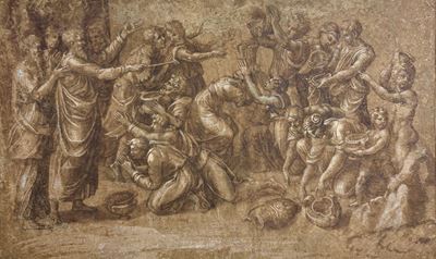Episodio delle storie di Mosè: Raccolta della manna, inchiostro bruno, lavis bruno e rialzi a bia...