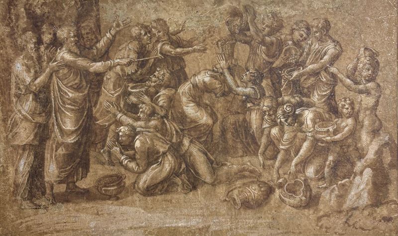 Raffaello Sanzio - Episodio delle storie di Mosè: Raccolta della manna, inchiostro bruno, lavis b...
