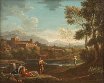 Paesaggio con borgo e figure, olio su tela
