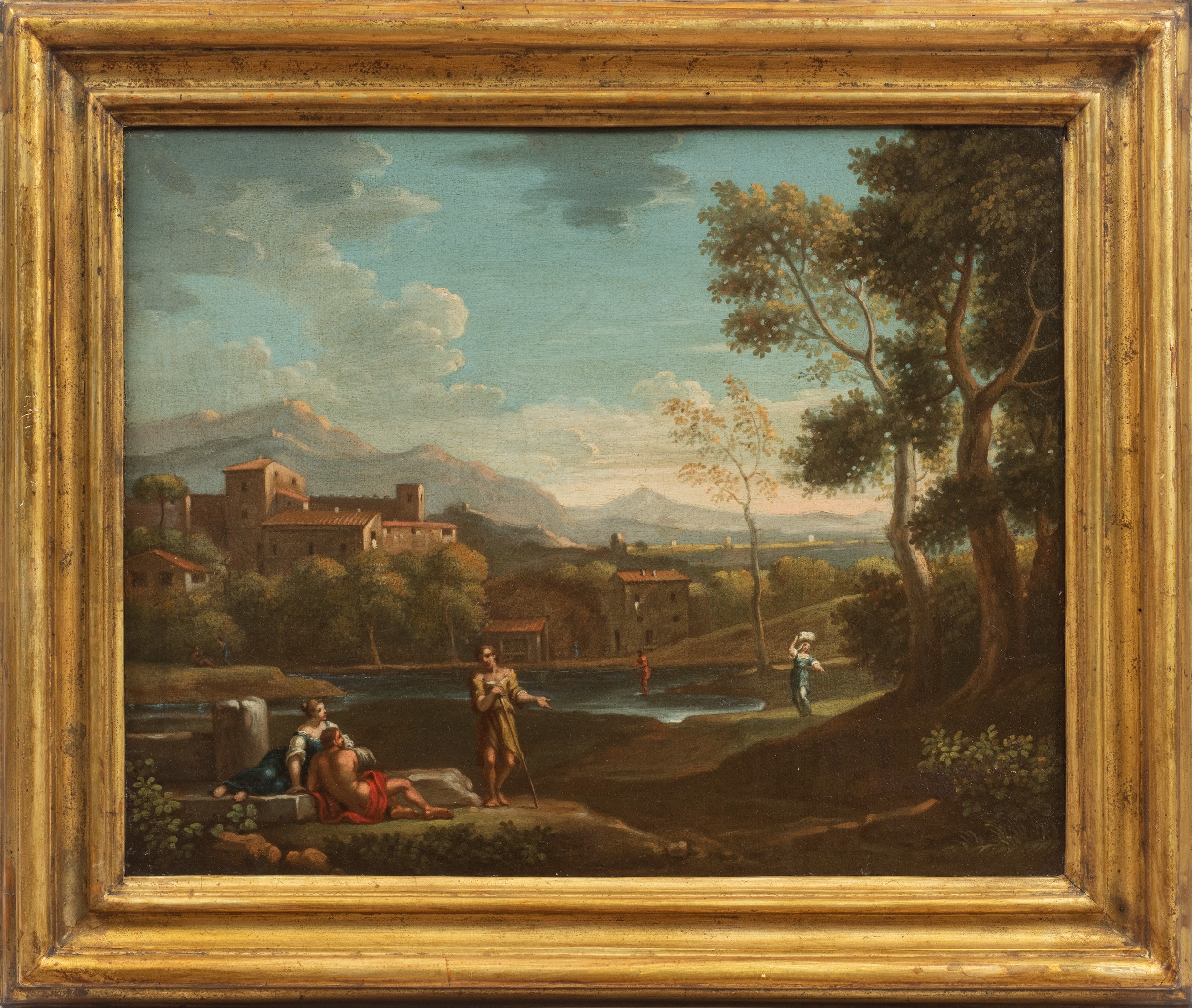 Jan Frans Van Bloemen - Paesaggio con borgo e figure, olio su tela