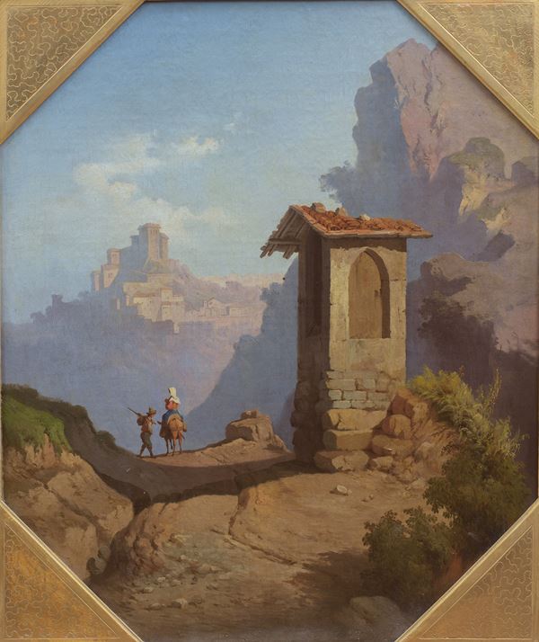 Veduta di Subiaco con edicola votiva mariana