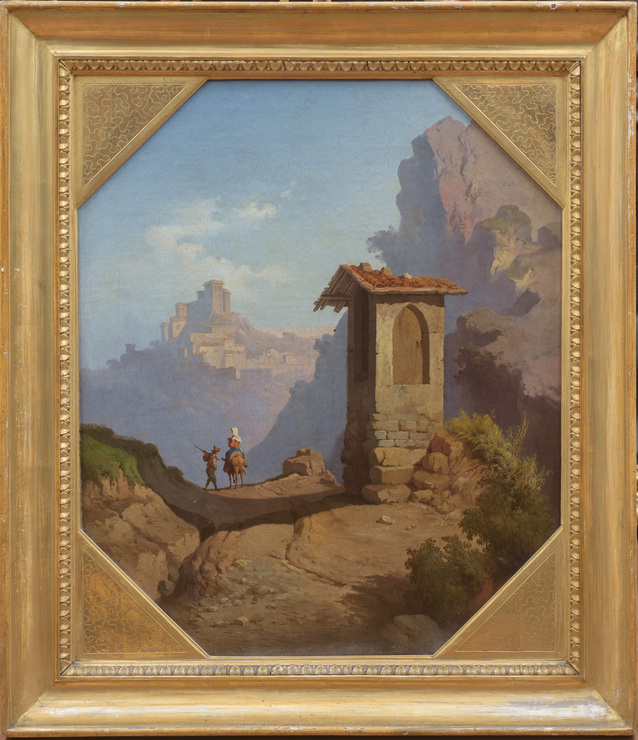 Artista del XIX secolo, Veduta di Subiaco con edicola votiva mariana