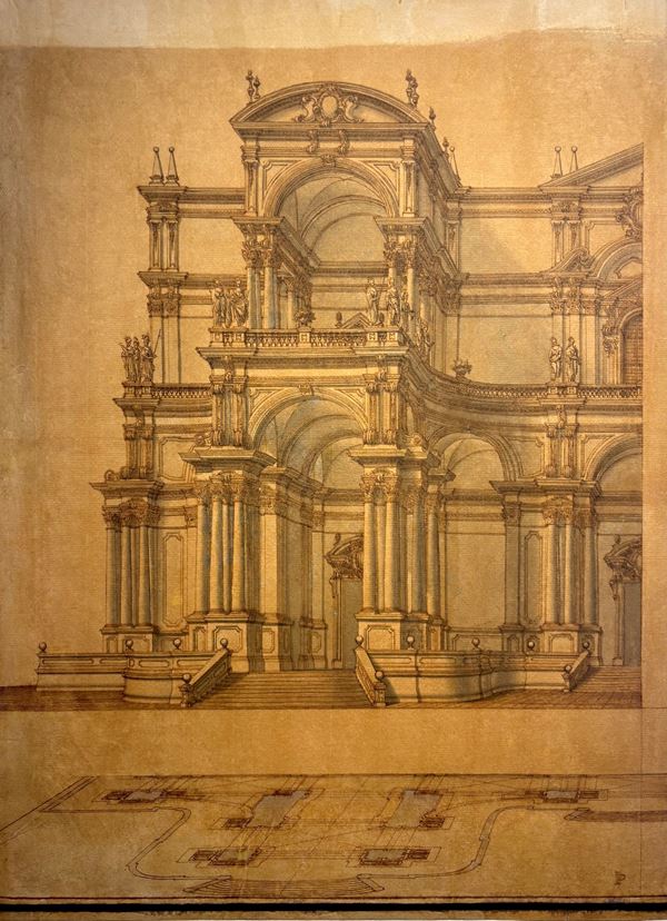 Giuseppe Galli Bibiena - Progetto per monumentale architettura celebrativa con pianta e prospetto