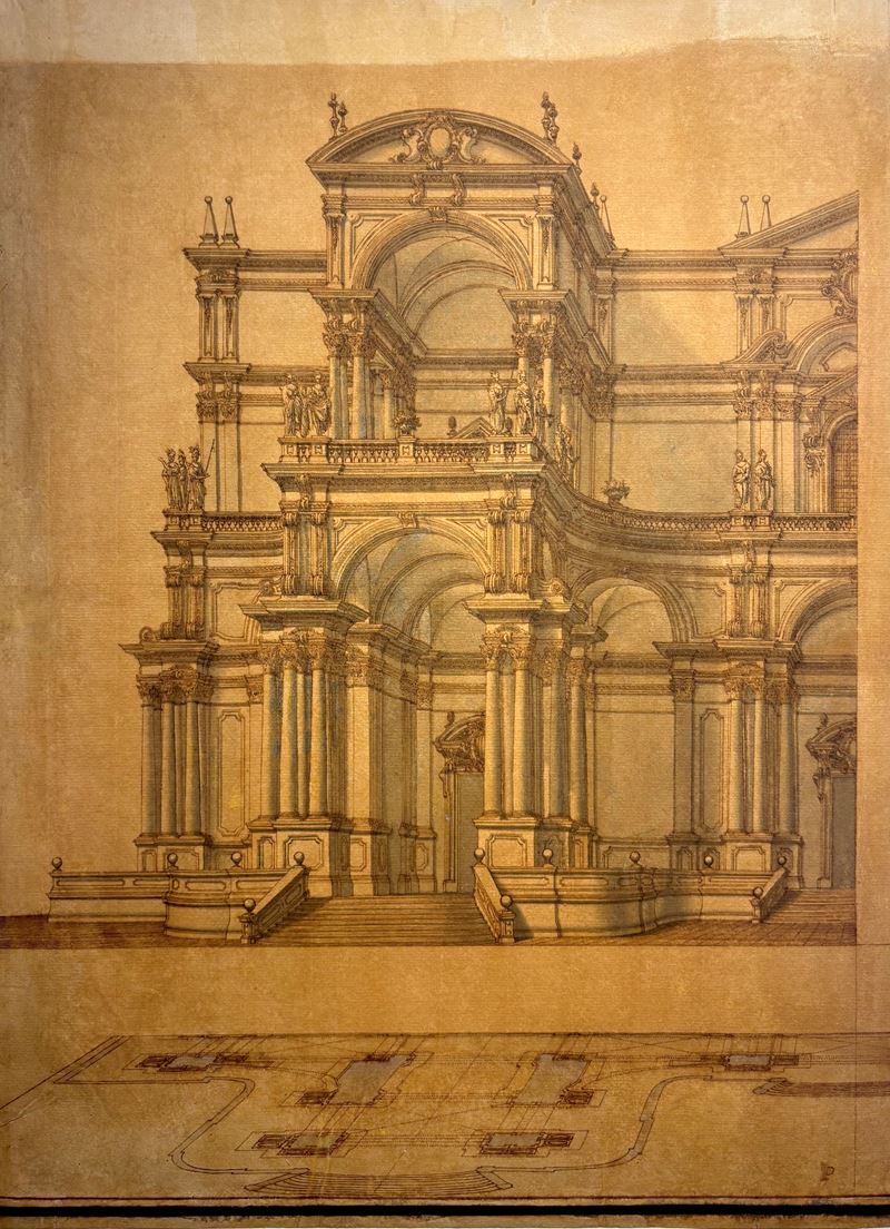 Giuseppe Galli Bibiena - Progetto per monumentale architettura celebrativa con pianta e prospetto