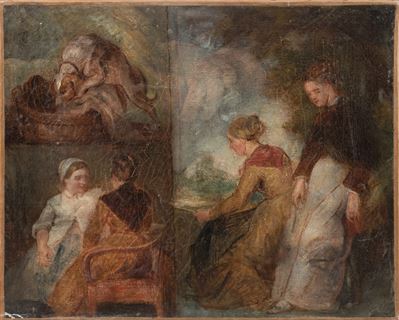 Scuola francese, Scena d’interno con figure e cane, olio su tela