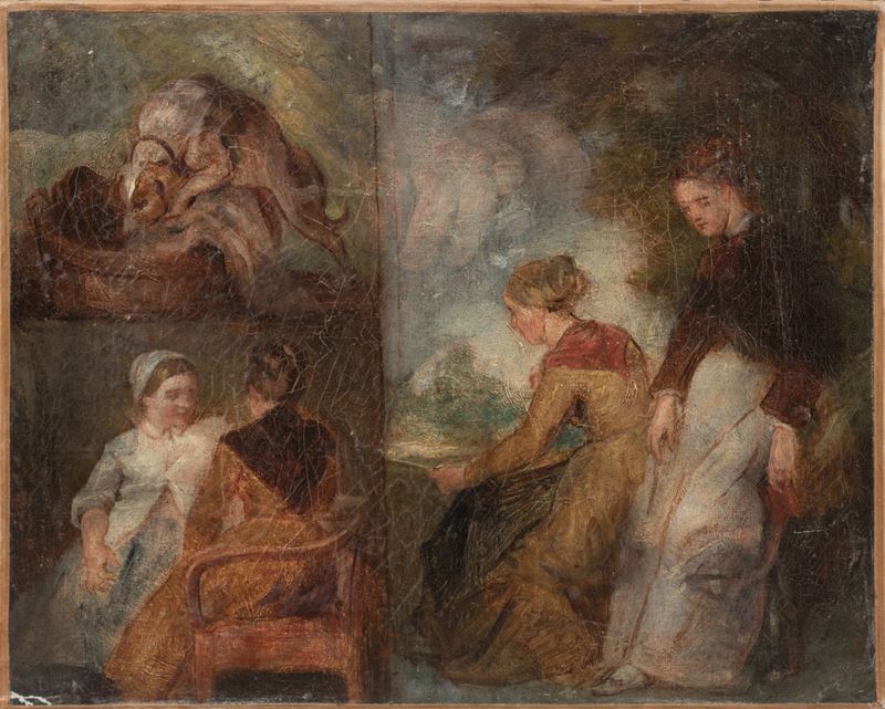 Scuola francese, Scena d’interno con figure e cane, olio su tela