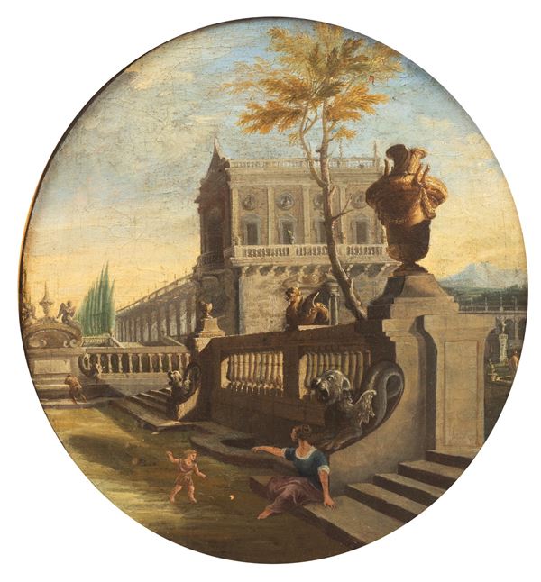 Veduta ideale di villa con architetture, giardino e figure