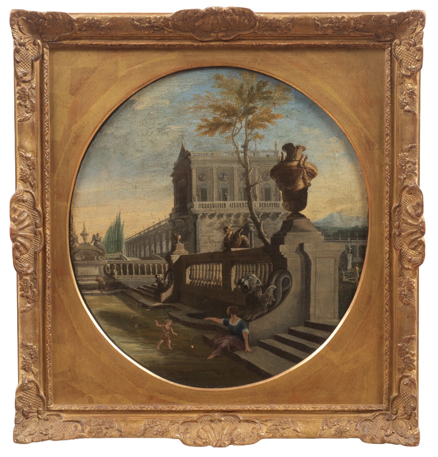 Scuola romana, Veduta ideale di villa con architetture, giardino e figure, olio su tela