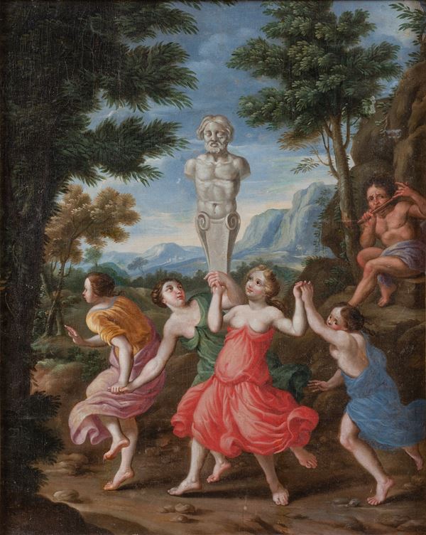 Baccanale con danza di baccanti davanti a un'erma di Pan