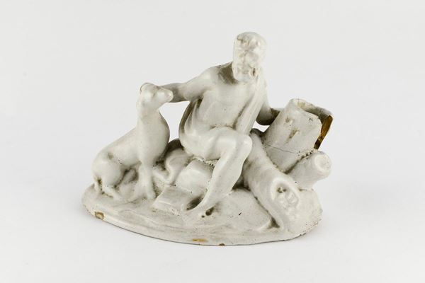 Scultura raffigurante uomo con cane in ceramica