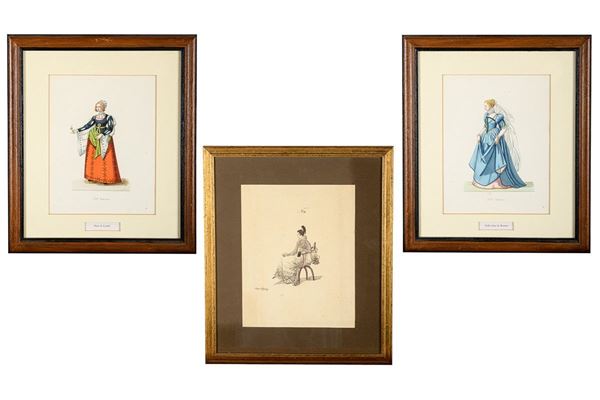 Lot of three prints depicting ladies in different costumes
