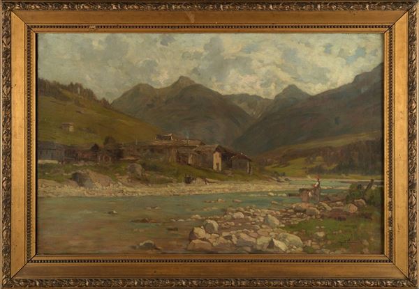 Paesaggio con lavandaie sul fiume