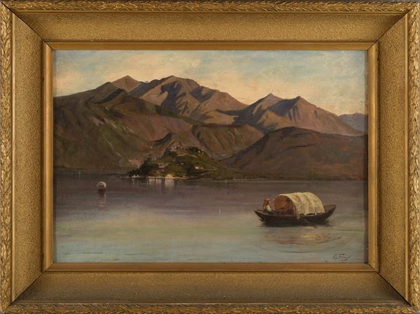 Veduta di lago con barca e montagne