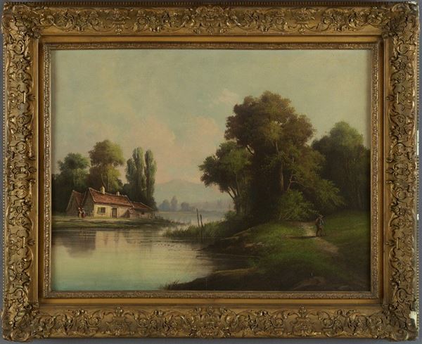 Scorcio di fiume con case e viandante