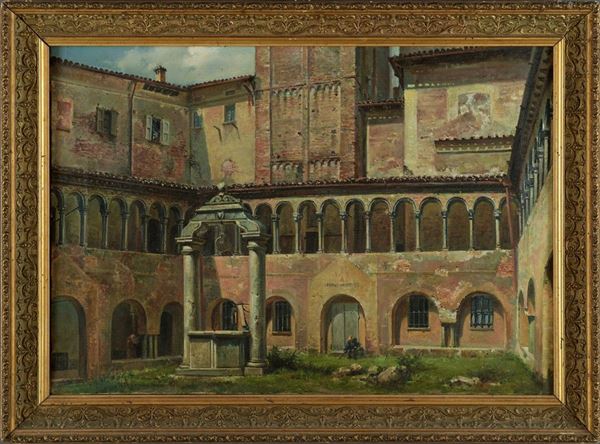 Veduta di chiostro con personaggi