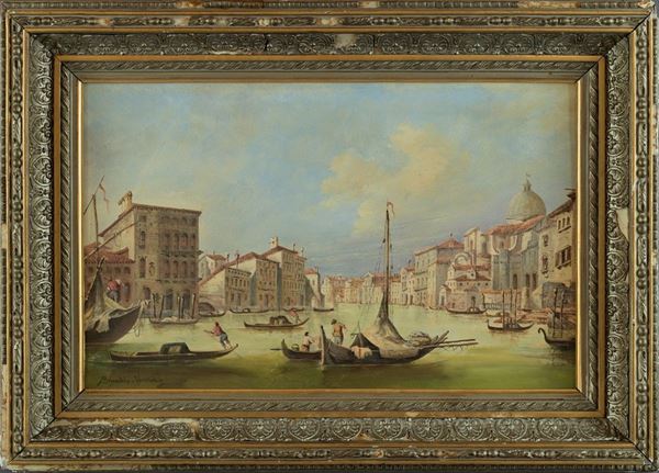 Scorcio del Canal Grande con gondole e pescatori