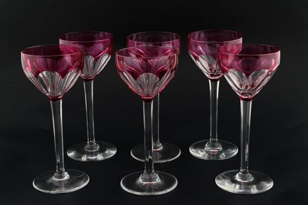 Lotto di sei calici in cristallo bianco e rosa